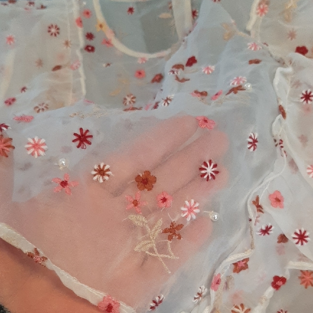 ZARA💐LNWT Chic Sheer White Blouse with Red Floral Embroidery & Faux Pearls Sz M - Picture 11 of 11